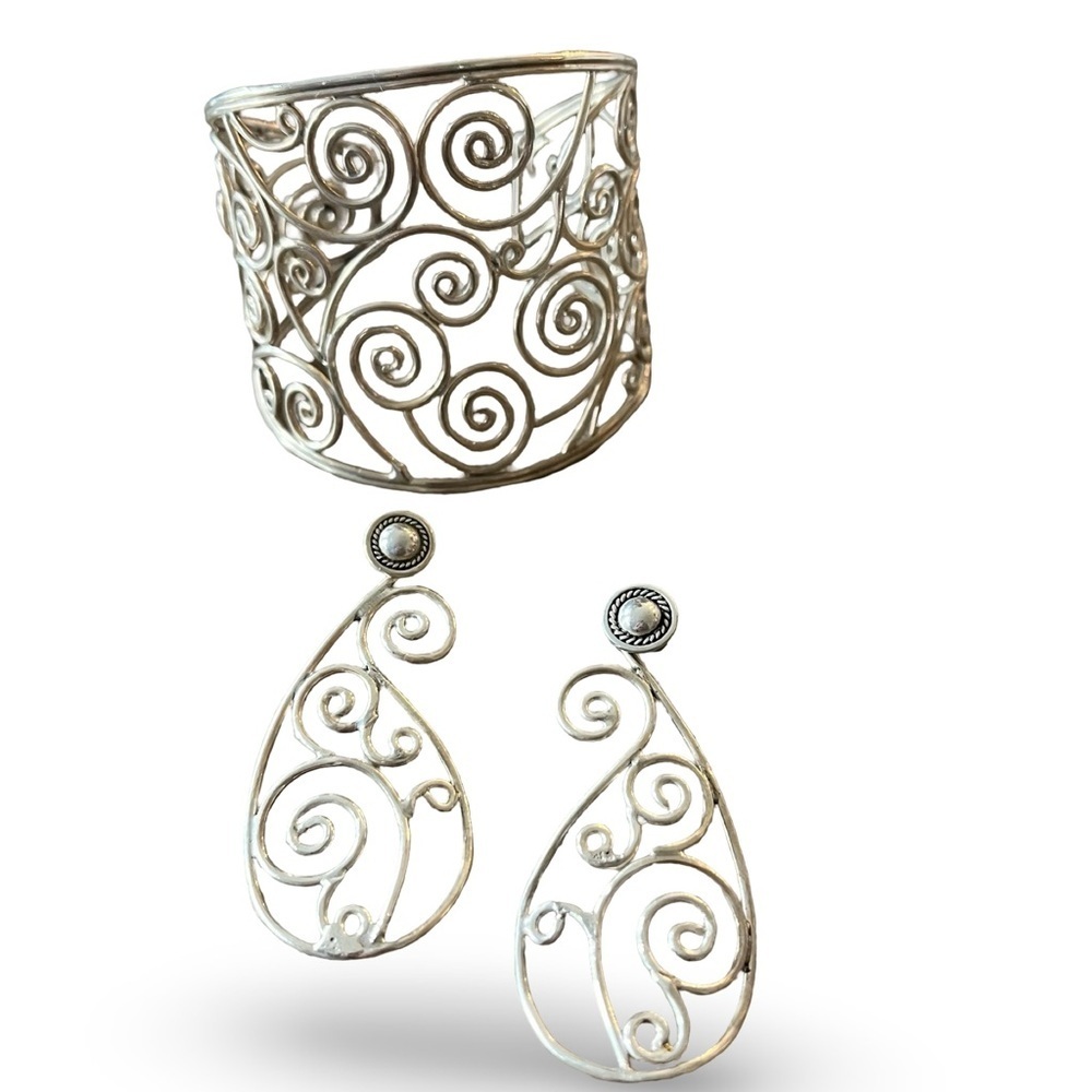 Sterling Silver Open Spiral Cuff Bracelet and Matching Drop Earrings Vintage